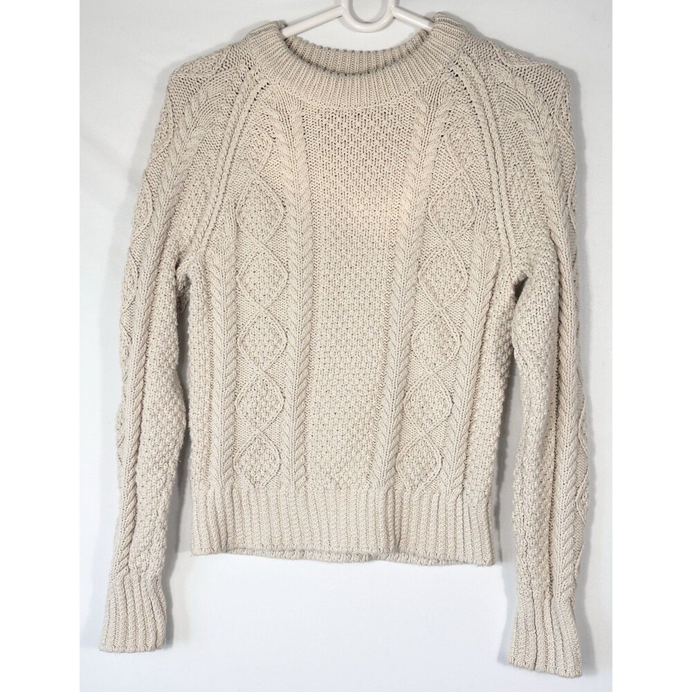 LL Bean Signature Sweater Womens Small Cream White Fisherman Mineral Wash Cable